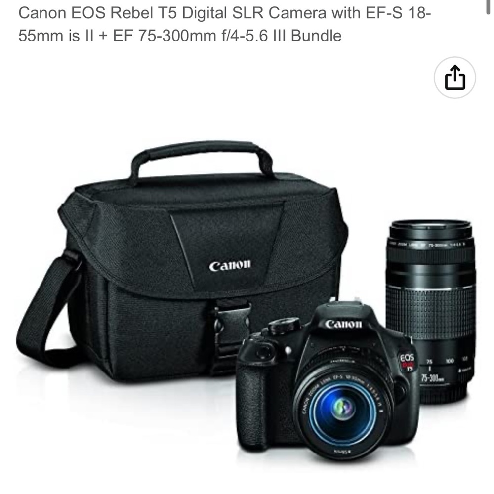 Canon eos Rebel t5, comes with bag and 2 lenses- 18-55mm + 75-300mm